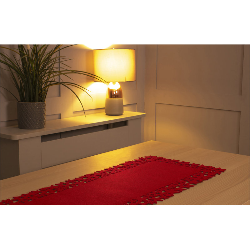 Rectangular Felt Table Runner with Openwork Star and Snowflake Design, Red
