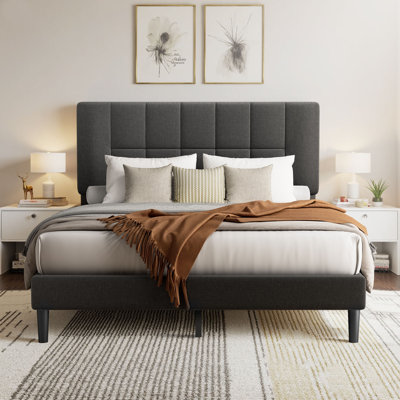Queen Bed Frame with Adjustable Headboard, Upholstered Platform Bed Frame Queen Size No Box Spring Needed, Noise-Free, Heavy Duty, Dark Grey
