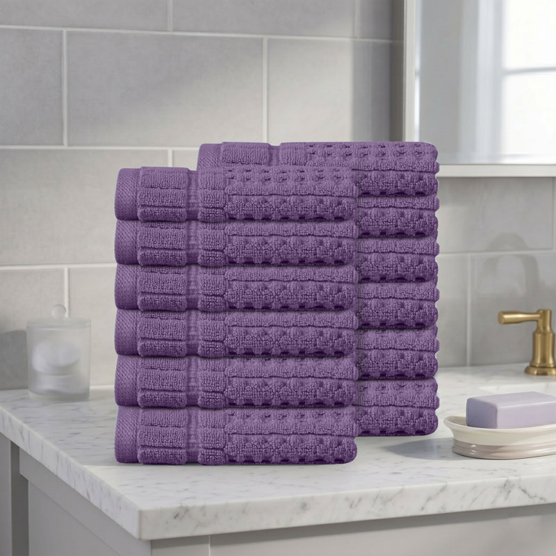 Ensemble de serviettes de toilette 12 pièces Willow - 100% coton peigné, qualité supérieure 630 g / m², mauve, ultra doux et très absorbant (12 serviettes de toilette)