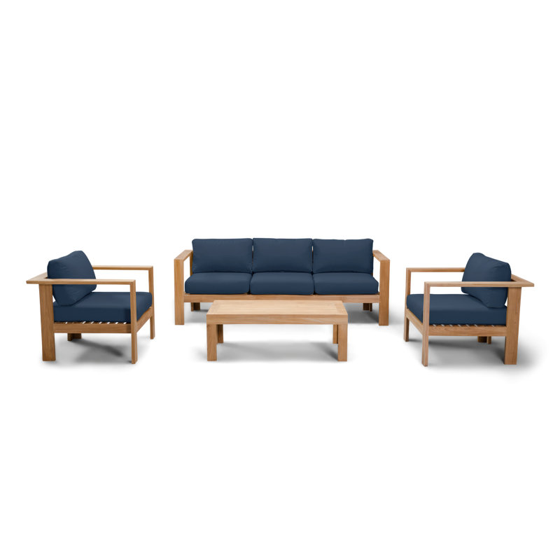Ando 4 Piece Teak Sofa Seating Group with Sunbrella Cushions, Spectrum Indigo Sunbrella®