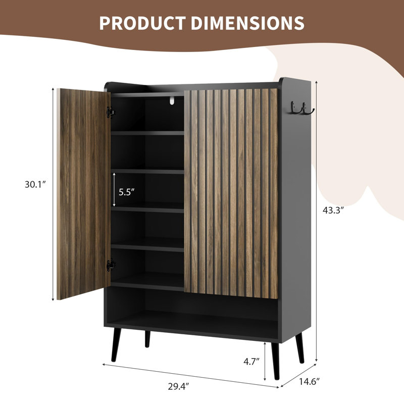 Armoire à chaussures moderne à 6 niveaux - portes doubles, tablettes réglables, organisateur de rangement de couloir autoportant, peut contenir jusqu'à 30 paires, meubles d'entrée en bois, grande capacité