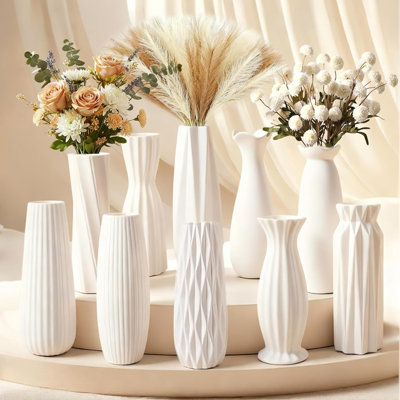 Ensemble de 10 vases en céramique blanche de 10 pièces - Vases blancs minimalistes pour la décoration intérieure, les mariages, l'herbe de pampa et les bricolages | Vases en céramique rustique blanc mat en vrac