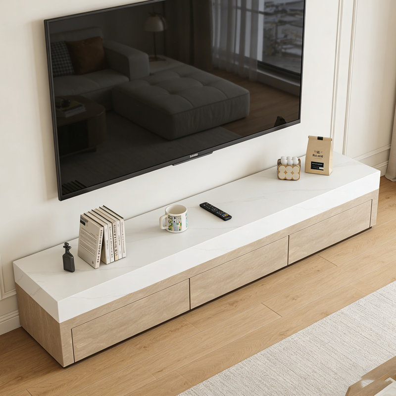 Meuble télé 3 tiroirs Simplicity, H 15,74 po x L 86,61 po x l 15,74 po, Brun / blanc / gris clair