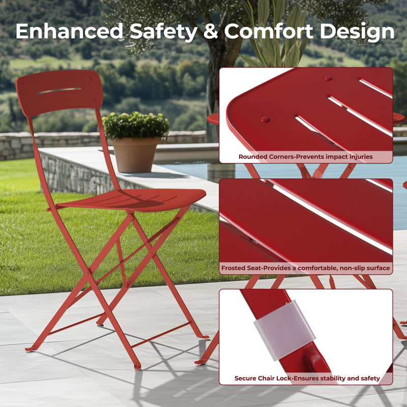 3-Piece Folding Outdoor Bistro Set with Round Table and 2 Chairs for Patio, Balcony & Garden, Red