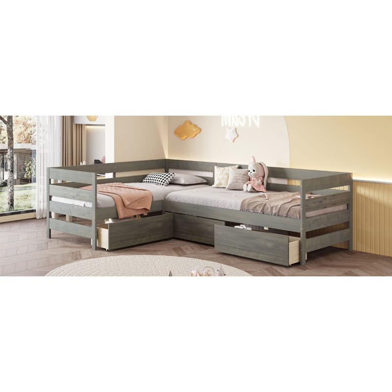 Lit plateforme en L avec tiroirs, Gris