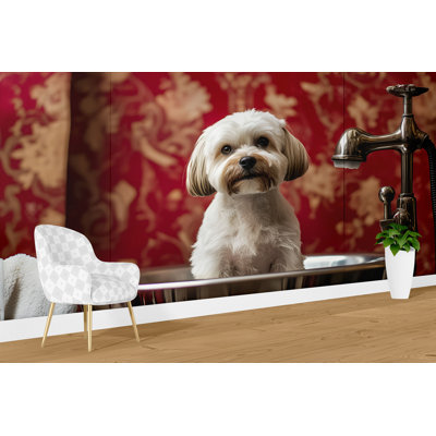 Papier peint poméranien en mousse rose - Mignon chien moelleux avec bulles douces pour salle de bain pour enfants, spa pour animaux de compagnie, toilettage ou décor de chambre de bébé pastel