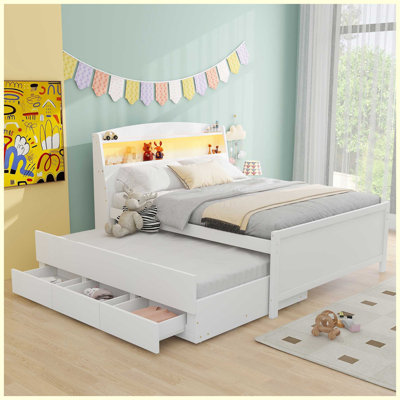 Modern Platform Bed with Storage LED Headboard and Trundle