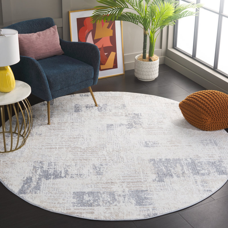 Tapis en polyester / polypropylène tissé à la machine Hka ivoire / gris, Rond 6 pi 7 po
