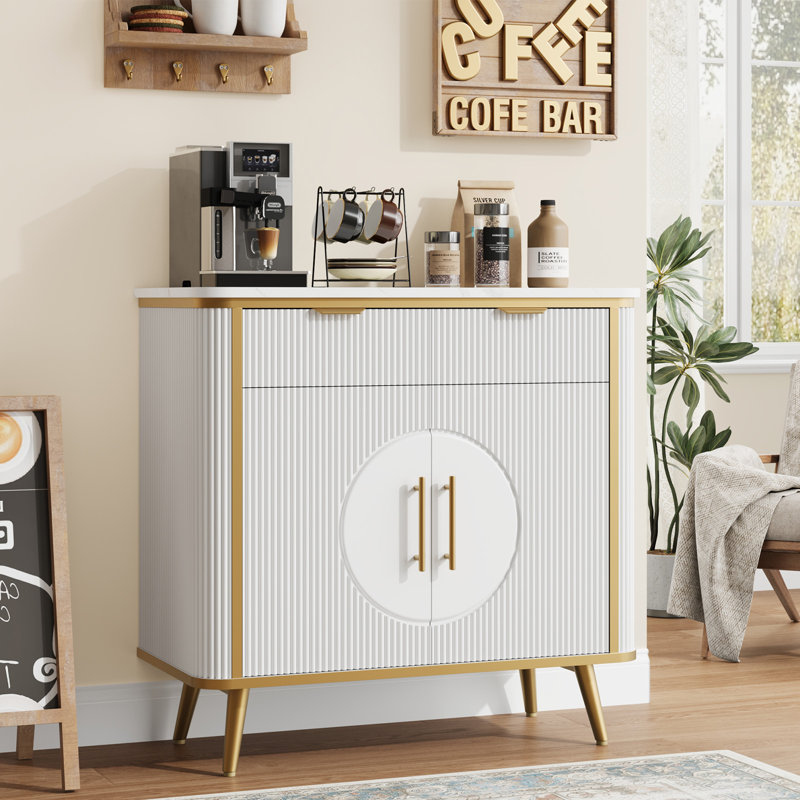 Buffet moderne avec 2 tiroirs, buffet de rangement avec tablette réglable, armoire d'entrée avec texture en marbre et conception cannelée, rangement parfait pour la salle à manger, la cuisine et l'entrée