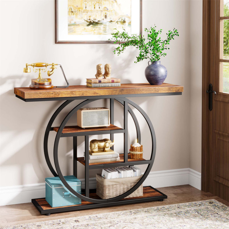 Console industrielle de 41,3 pouces avec 4 tablettes rustiques à 4 niveaux, structure en métal circulaire unique pour les entrées et les salons étroits