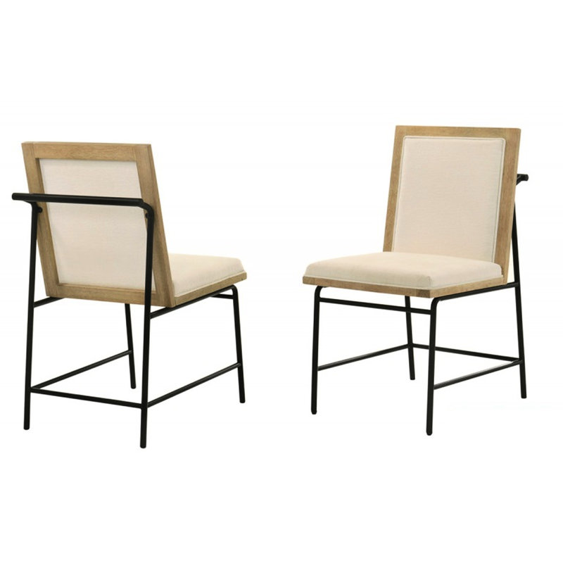 Contemporain de 2 chaises rembourrées beiges avec dossier solide et pieds en métal noir, bois de chêne naturel pour une salle à manger éclectique, profondeur d'assise moderne de 17,7 po - finition fonctionnelle