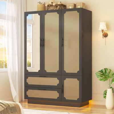 3-Door Armoire Wardrobe Closet With Mirror & LED Lights, 70" Tall Rattan Wardrobe Storage Cabinet With 2 Drawers And Hanging Rod, Large Armoire Clothes Organizer For Bedroom Cloak Room