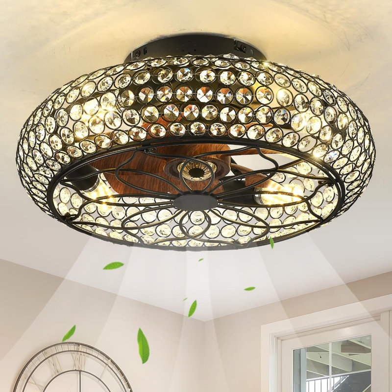 Caged Crystal Ceiling Fans With Lights And Remote,18.8" Flush Mount Low Profile Ceiling Fan With Light,6 Speed Enclosed Ceiling Fan With Reversible Motor For Bedroom Kitchen Living Room