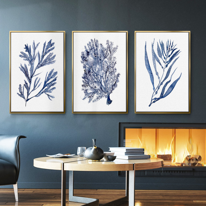 Seaweed Under Water I, ensemble de 3 toiles encadrées sur toile, H 27 po x l 54 po, Or