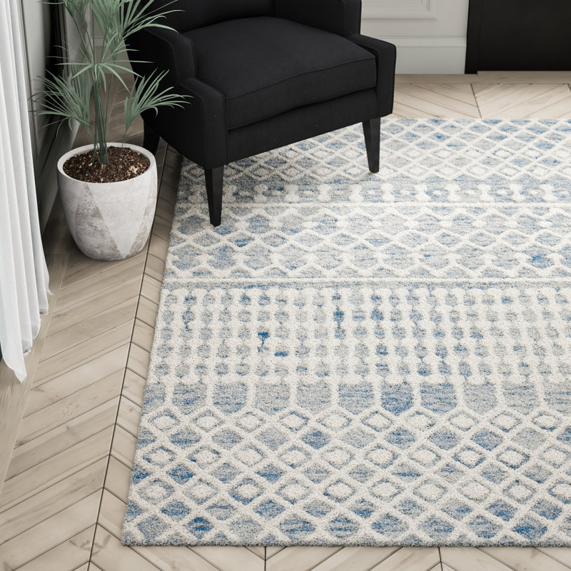 Tapis bleu / ivoire en laine tissé à plat à la main Jeannine, Rectangle 4 pi x 6 pi