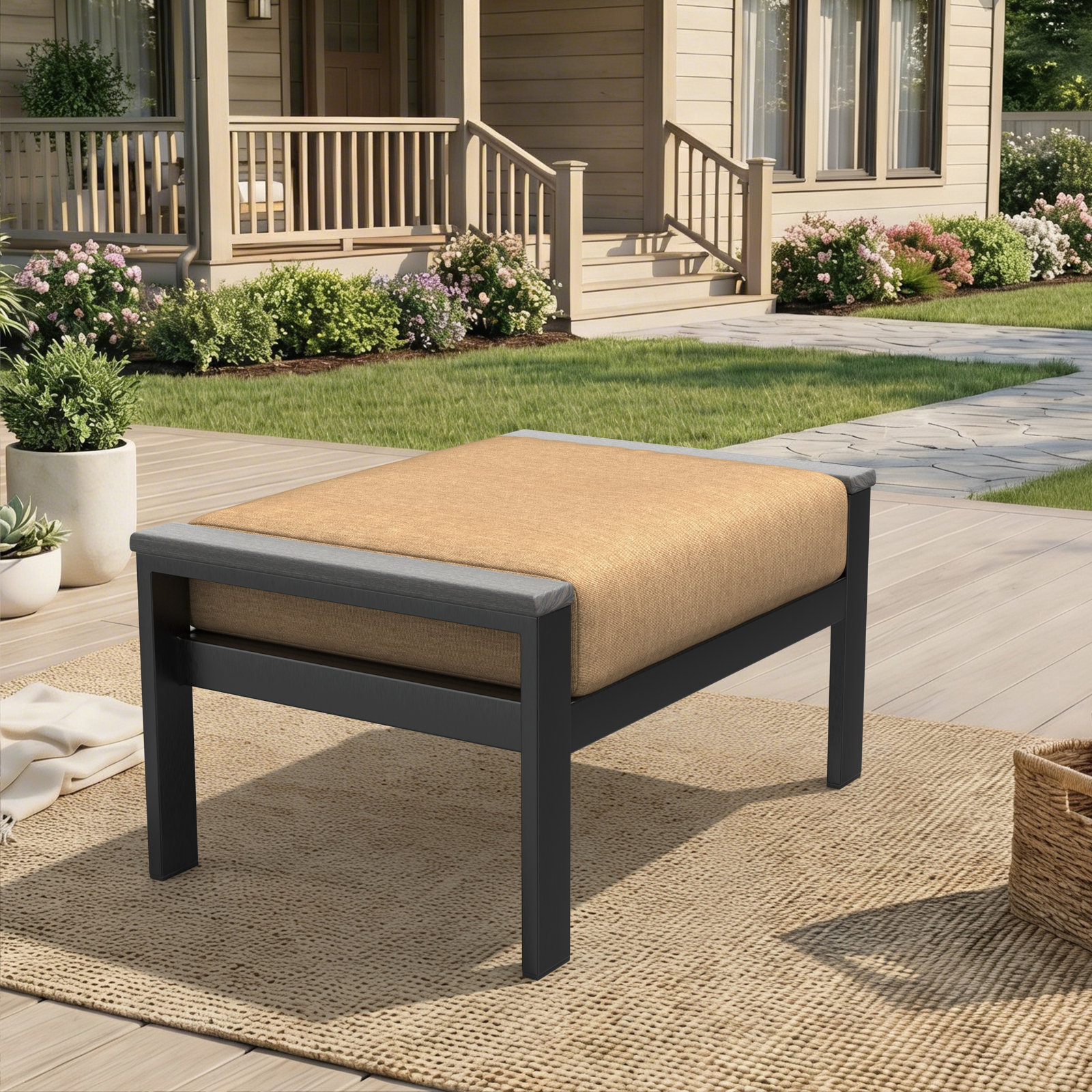 Townsend Sunbrella® Patio Ottoman, Sunbrella Canvas Heather Beige, Black, Yes