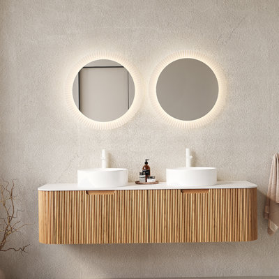 Meuble-lavabo mural flottant avec éviers, armoire de rangement et tiroirs, idéal pour l'organisation et le style de salle de bain moderne