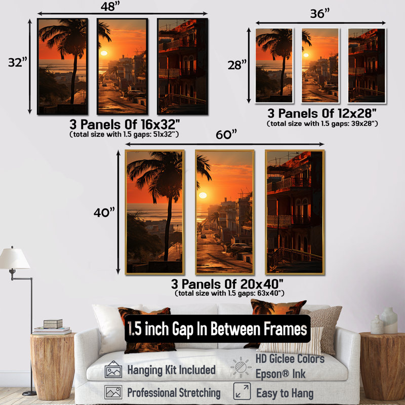 Ensemble de salon Havana Sunset Panorama II - Cuba Wall Art, Cadre flottant blanc, H 32 po x l 48 po x P 1 po