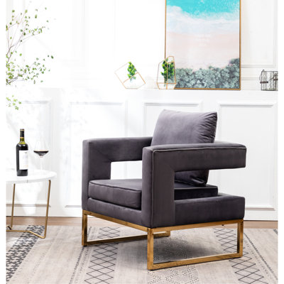 Chaise grise moderne avec accoudoirs - Revêtement en tissu de style velours, avec base en métal, carré, dossier rembourré en tissu contemporain, soutien solide et assise
