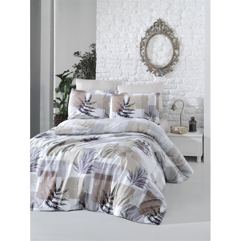Ensemble de housse de courtepointe de qualité supérieure Ranforce, 55 x 79, 100% coton, 145 fils | Comprend 1 taie d'oreiller (24 x 24) | Lavable à la machine, fermeture à boutons | Design élégant brun-mauve pour les chambres confortables