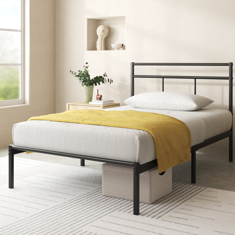 Minimalist Metal Bed Frame with Slatted Headboard, UK Single (90 x 190 cm), Black