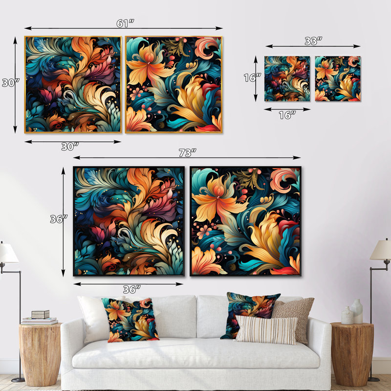 Wickham - Ensemble de 2 collages floraux et botaniques carrés, Cadre flottant doré, H 36 po x l 73 po