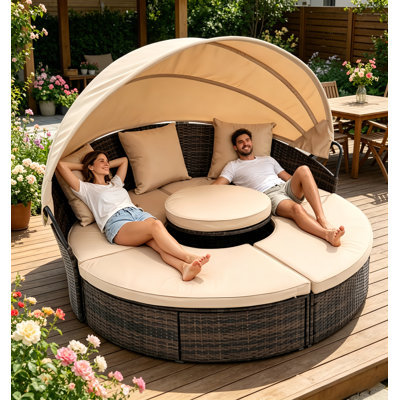 Rattan Round Lounge With Canopy Bali Canopy Bed Outdoor, Wicker Outdoor Sofa Bed
