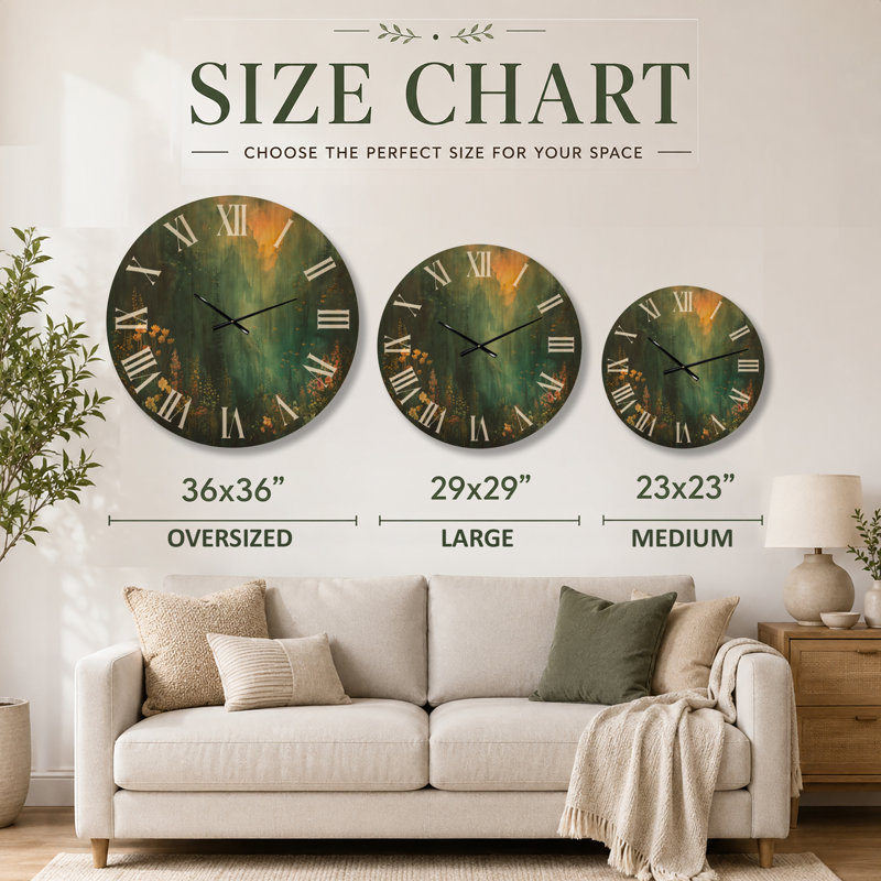 Grande horloge murale panoramique en bois silencieux - Enchantement de forêt, Medium