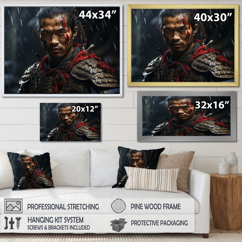Japon Art Samurais Warrior Portrait II - Japanese Wall Art Prints, H 16 po x l 32 po x P 1 po, Cadre simple blanc