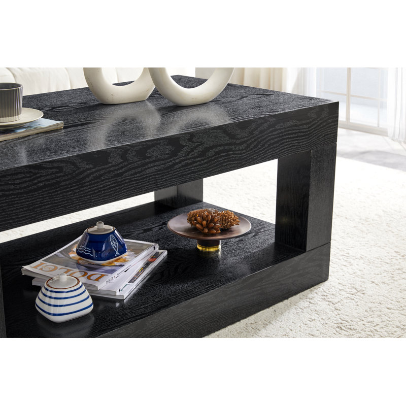 Table basse moderne à 2 niveaux pour mobilier de salon, table centrale rectangulaire avec tablette de rangement ouverte. La table basse à double couche est fabriquée en panneau de fibres à densité moyenne. Assemblage stable et durable, facile