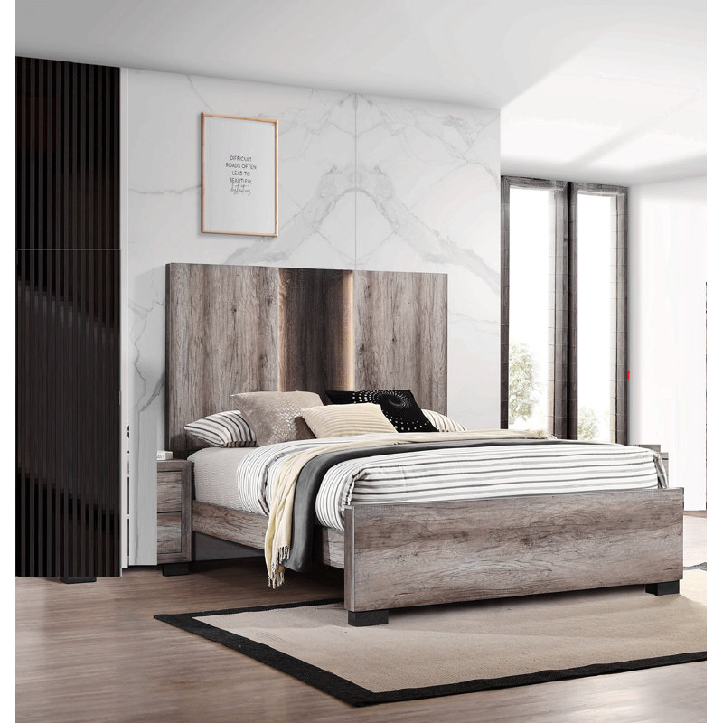 Mobilier de chambre à coucher contemporain en bois avec tête de lit et panneau de lit 1pc, Grand lit, Beige, brun et gris