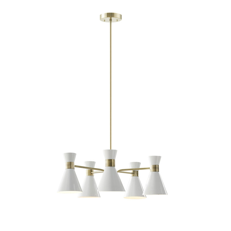 Ezra Mid-Century 5-Light Chandelier in Antique Brass with White Shades