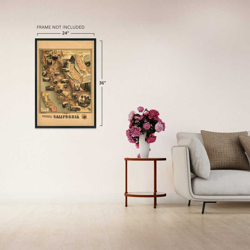 1888 California Map, affiche sur papier, H 36 po x l 24 po x P 0,01 po