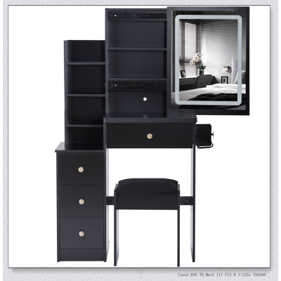 Ensemble de coiffeuse compacte avec miroir à DEL coulissant, centrale électrique et support pour sèche-cheveux pour les petites chambres