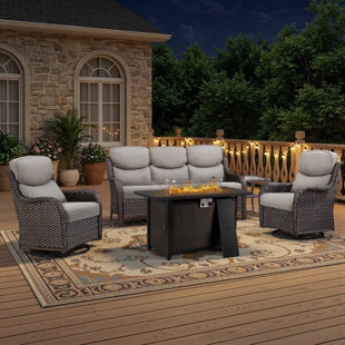 5 - Person Handwoven Wicker Patio Conversation Fire Pit Set With 5" Olefin Cushions Swivel Glider Chairs & Side Table