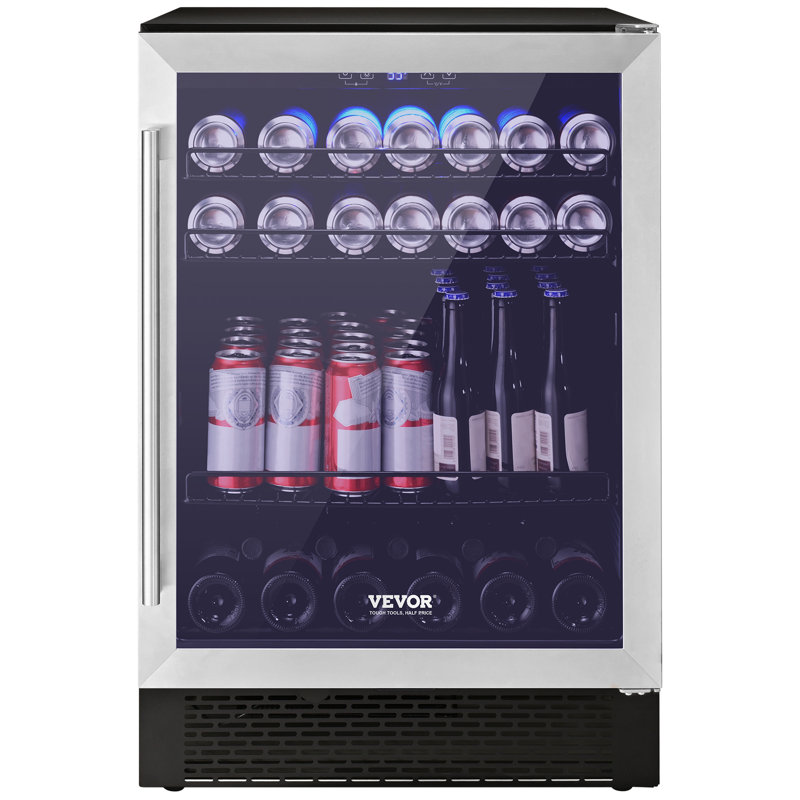 Black Stainless Steel Freestanding Beverage Refrigerator with Interior Lighting