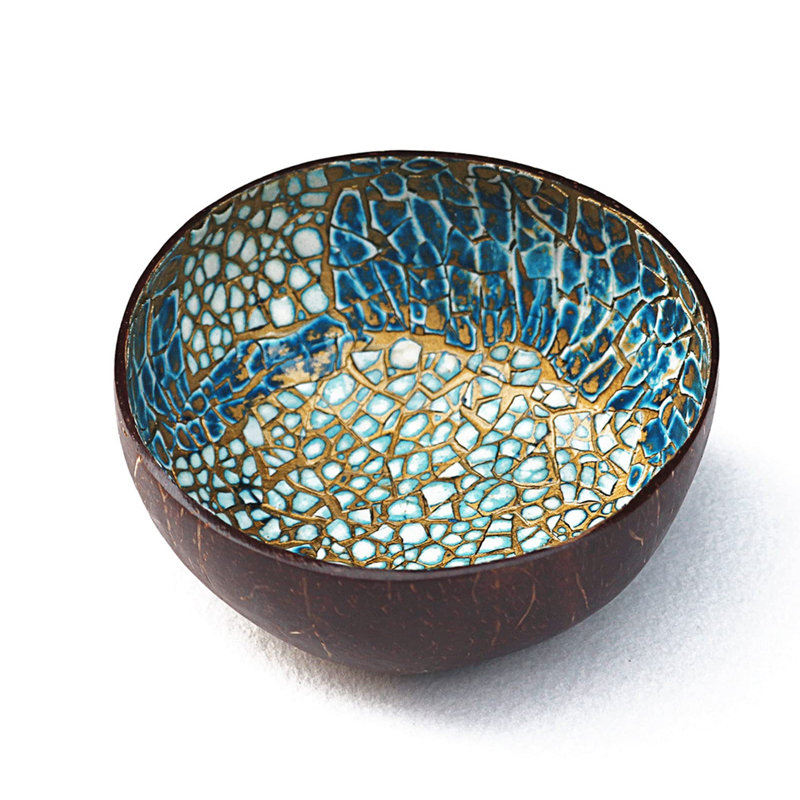 Bol en noix de coco naturelle avec incrustations en nacre - bol à clés et porte-collation de fruits (bleu-or)