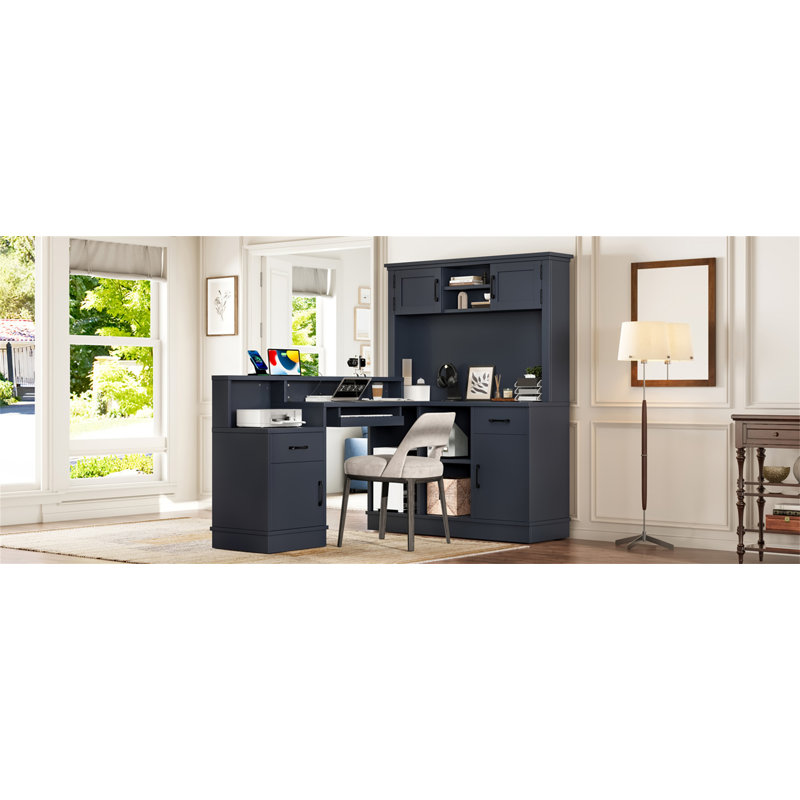 L-Shaped Executive Desk, Blue/Blue