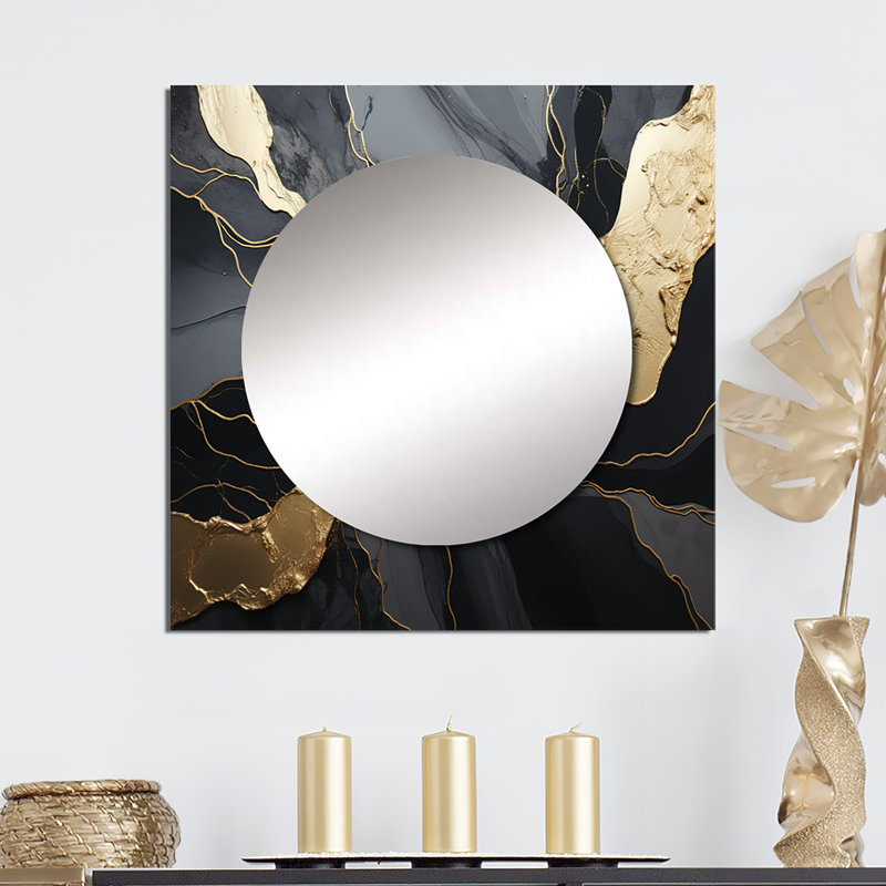 Ceylan - Minimalisme, chrome, noir et or, poteries, spirales abstraites, miroir carré, art mural pour salle de bain