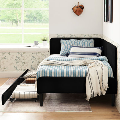 Structure de lit double pleine grandeur avec 2 tiroirs de rangement, lit en velours, style moderne pour chambre noire