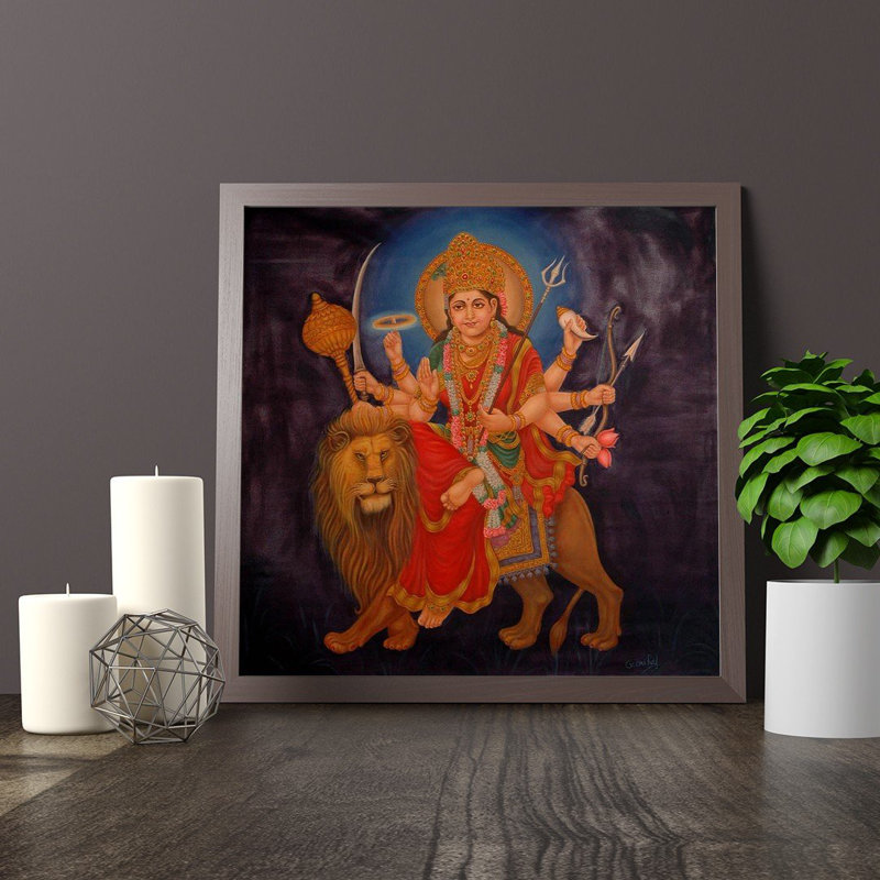 Simhavahini Devi Durga - Beauté et férocité | Huile sur toile