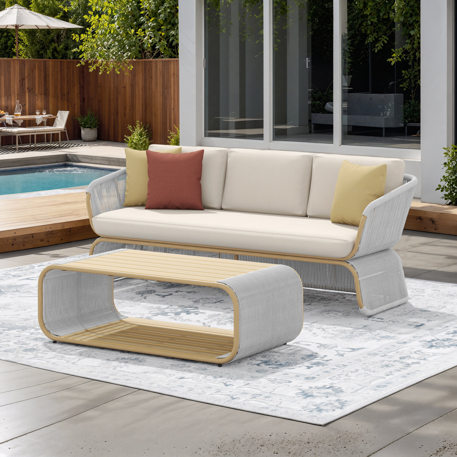 Carlen 3-Person Sunbrella® Patio Seating Group, Canvas Vellum Cushion/White/Brown Frame