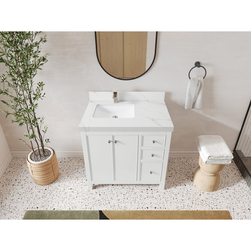 Meuble-lavabo simple 36 po avec comptoir en quartz Chicago, Sienne Calacatta