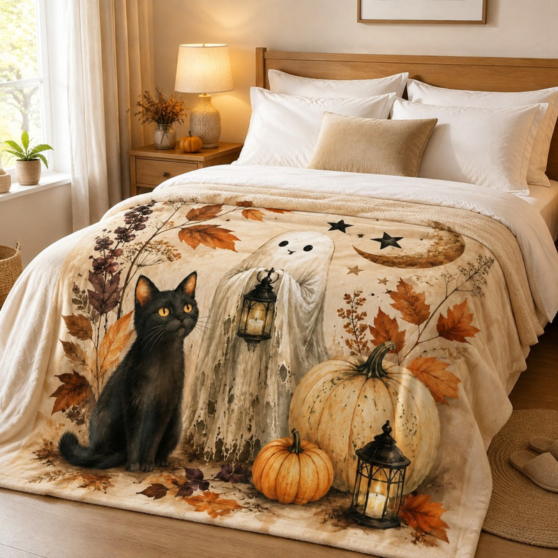 Jeté en peluche à motif de citrouille fantôme d'Halloween chat noir, Simple (l 60 po x L 80 po)