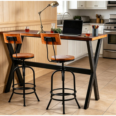 3-Piece Table & Chairs Set,  Bar Dining Cafe Pub Party, Industrial Black Metal & Rustic Brown Wood, X-Leg Rectangular Table, 2 Swivel Adjustable Barstools With Backrest