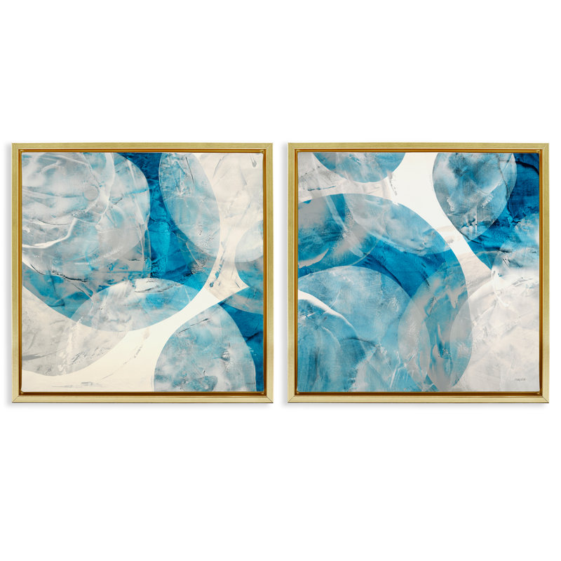 Abstrait bleu sarcelle crème avec cercles 2 pièces encadrées par Jeff Iorillo, Cadre flottant métallique doré