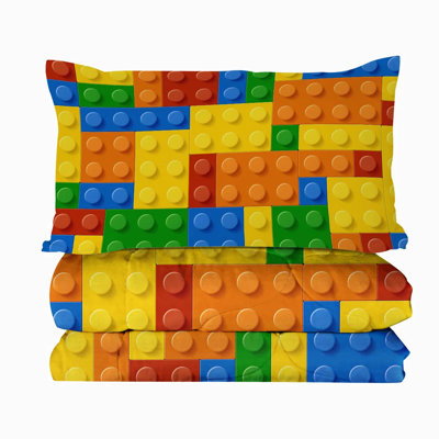 Colorful Building Blocks Comforter Set 3 Piece, Fun Cartoon Design Bedding For Boys Girls Kids Bedroom, Soft Microfiber With 1 Comforter & 2 Pillowcases 