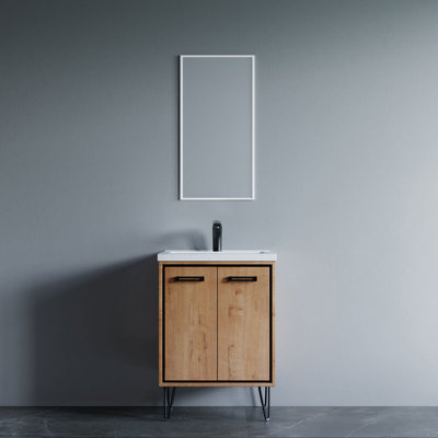 Meuble-lavabo simple 24 po avec lavabo encastré en céramique Lunea - portes à fermeture en douceur, style scandinave et charnières dissimulées
