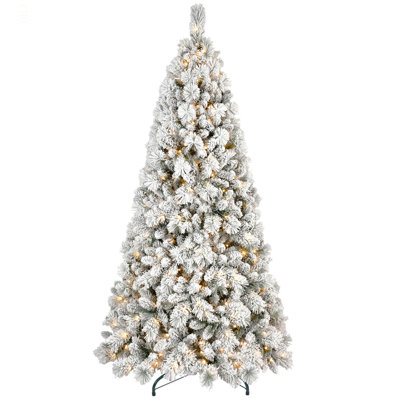 8FT Flocked Christmas Tree With 600 Warm  LED Lights – 1445 Tips, Snowy PVC & Hard Needle Branches, Hinged Design For Easy Setup, Sturdy Metal Stand – Full & Realistic Holiday Tree