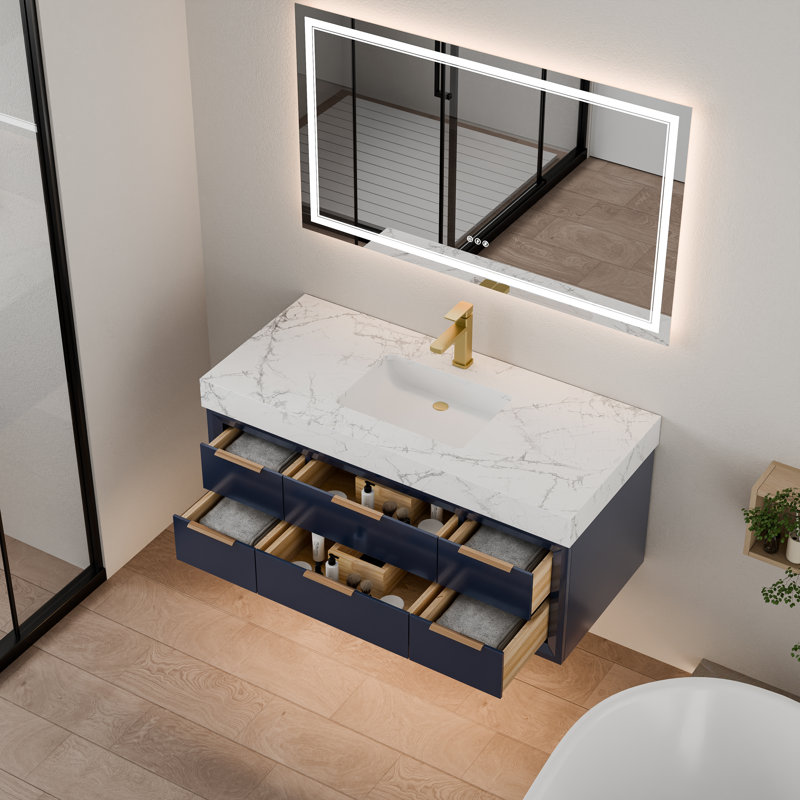 Meuble-lavabo flottant noir 48 po avec plateau en marbre blanc et deux tiroirs à fermeture en douceur, Bleu